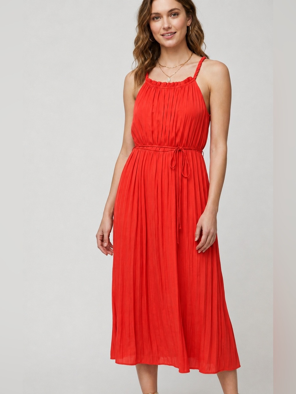 Womens Sleeveless Belted Midi Dress in Coral